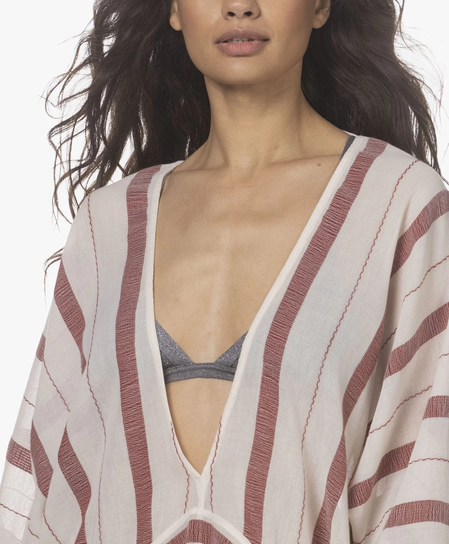 Su Paris Talia Voile Kaftan Met Jacquard Streepdessin - Burgundy 9 Su Paris Talia Voile Kaftan Met Jacquard Streepdessin - Burgundy - Afbeelding 7