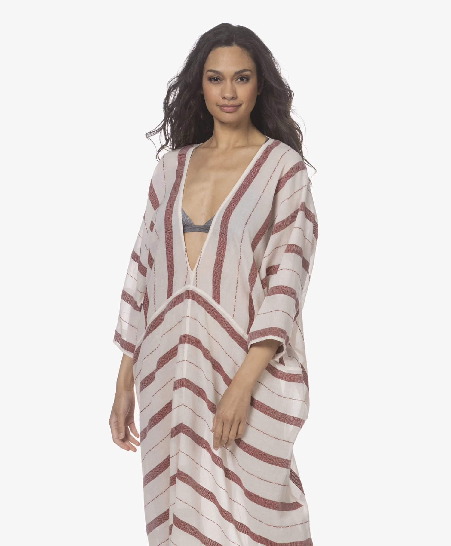 Su Paris Talia Voile Kaftan Met Jacquard Streepdessin - Burgundy 13 Su Paris Talia Voile Kaftan Met Jacquard Streepdessin - Burgundy - Afbeelding 11