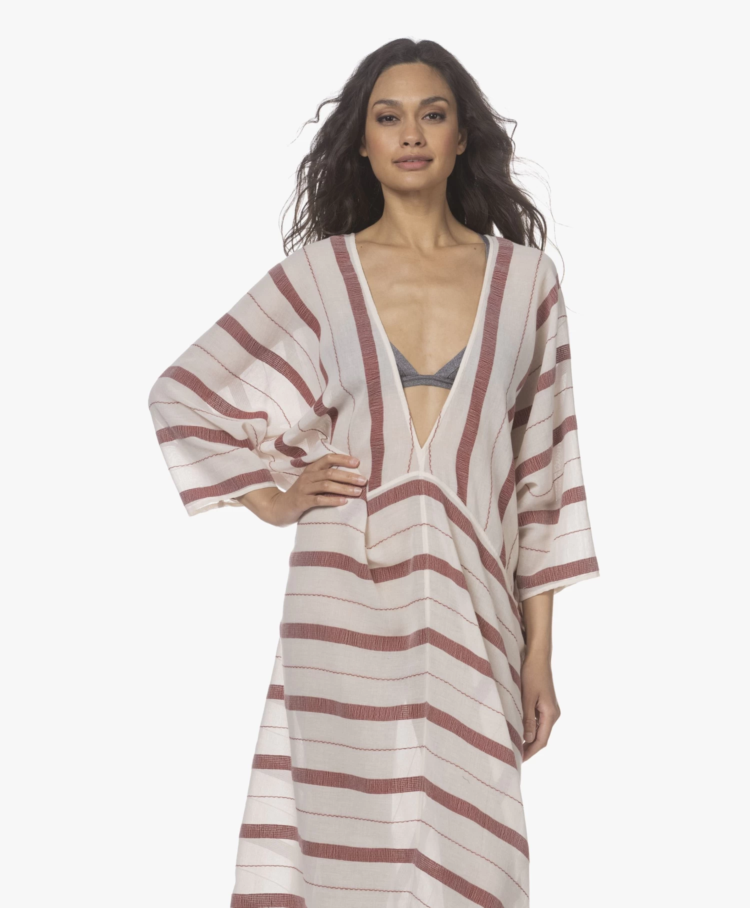 Su Paris Talia Voile Kaftan Met Jacquard Streepdessin - Burgundy 5 Su Paris Talia Voile Kaftan Met Jacquard Streepdessin - Burgundy - Afbeelding 3