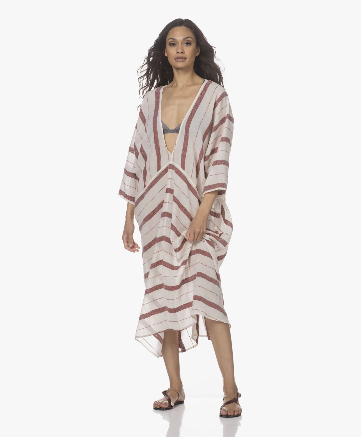 Su Paris Talia Voile Kaftan Met Jacquard Streepdessin - Burgundy 7 Su Paris Talia Voile Kaftan Met Jacquard Streepdessin - Burgundy - Afbeelding 5