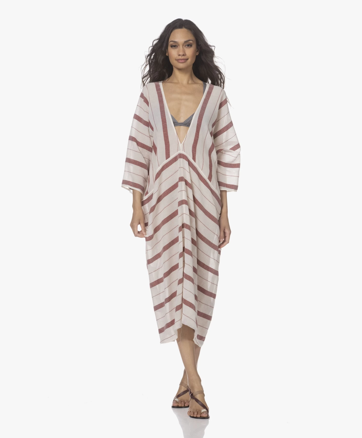 Su Paris Talia Voile Kaftan Met Jacquard Streepdessin - Burgundy 4 Su Paris Talia Voile Kaftan Met Jacquard Streepdessin - Burgundy - Afbeelding 2