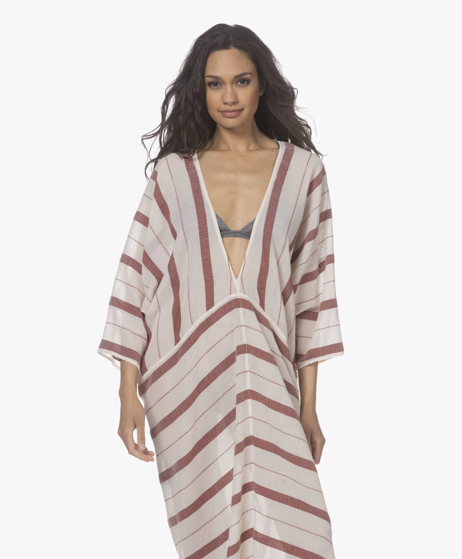 Su Paris Talia Voile Kaftan Met Jacquard Streepdessin - Burgundy 14 Su Paris Talia Voile Kaftan Met Jacquard Streepdessin - Burgundy - Afbeelding 12