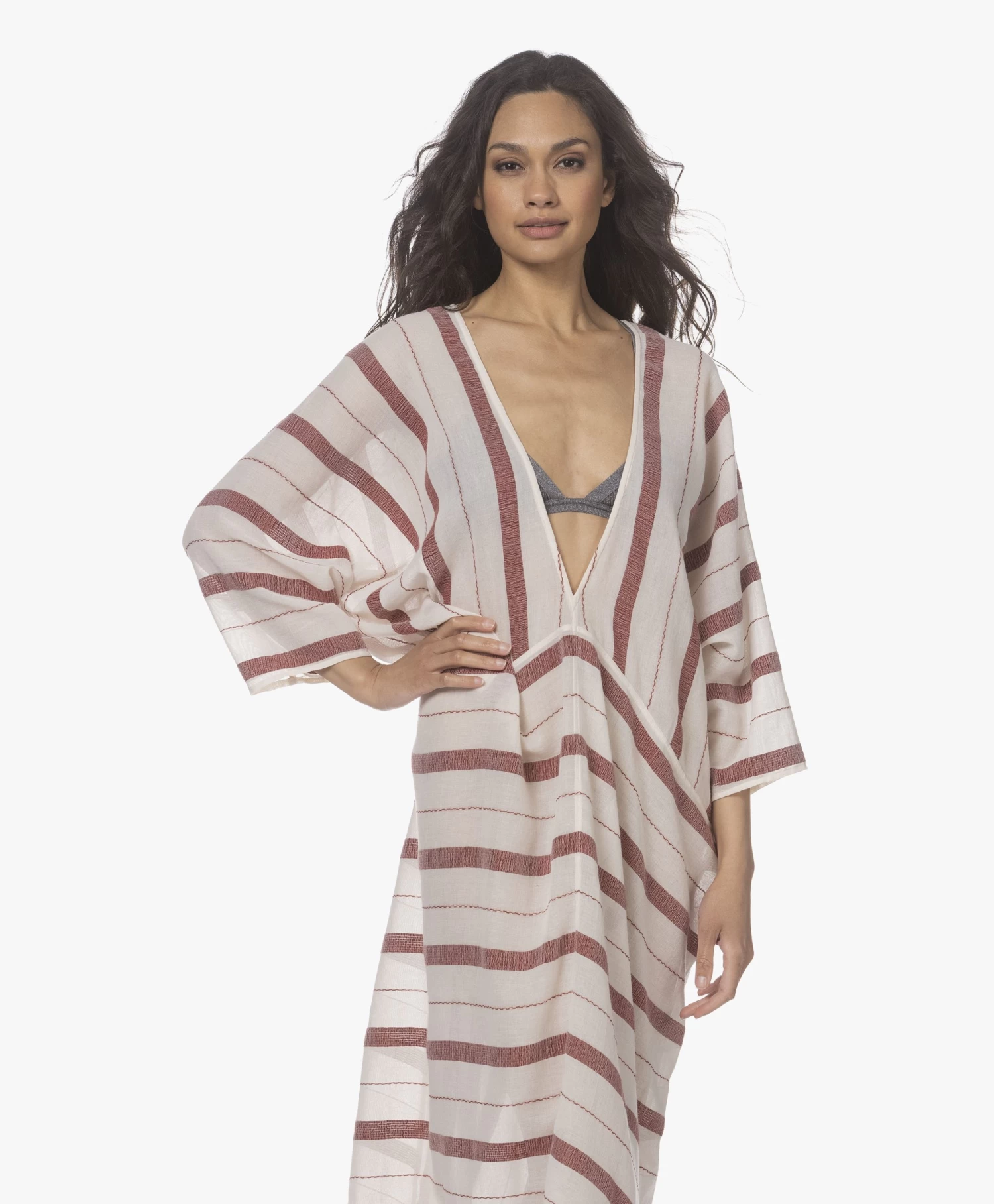 Su Paris Talia Voile Kaftan Met Jacquard Streepdessin - Burgundy 10 Su Paris Talia Voile Kaftan Met Jacquard Streepdessin - Burgundy - Afbeelding 8