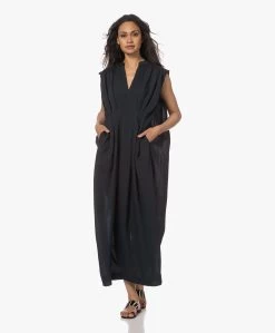 Su Paris Dafne Seersucker Viscose-Zijde Maxi Jurk - Zwart