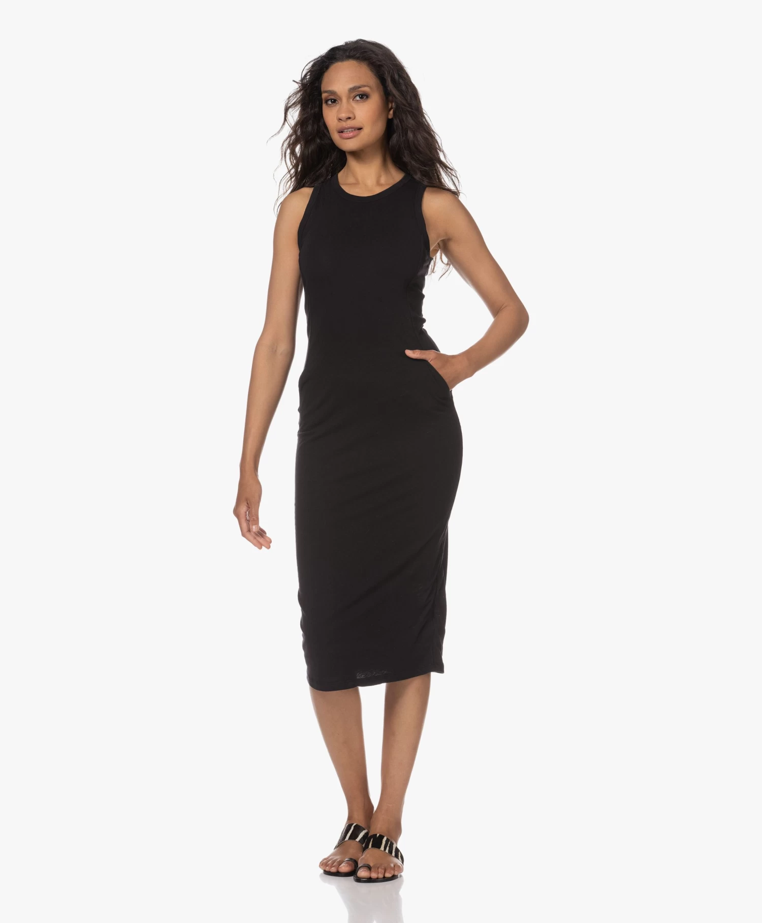 James Perse Dubbellaagse Mouwloze Midi Jurk - Zwart 14 James Perse Dubbellaagse Mouwloze Midi Jurk - Zwart - Afbeelding 13