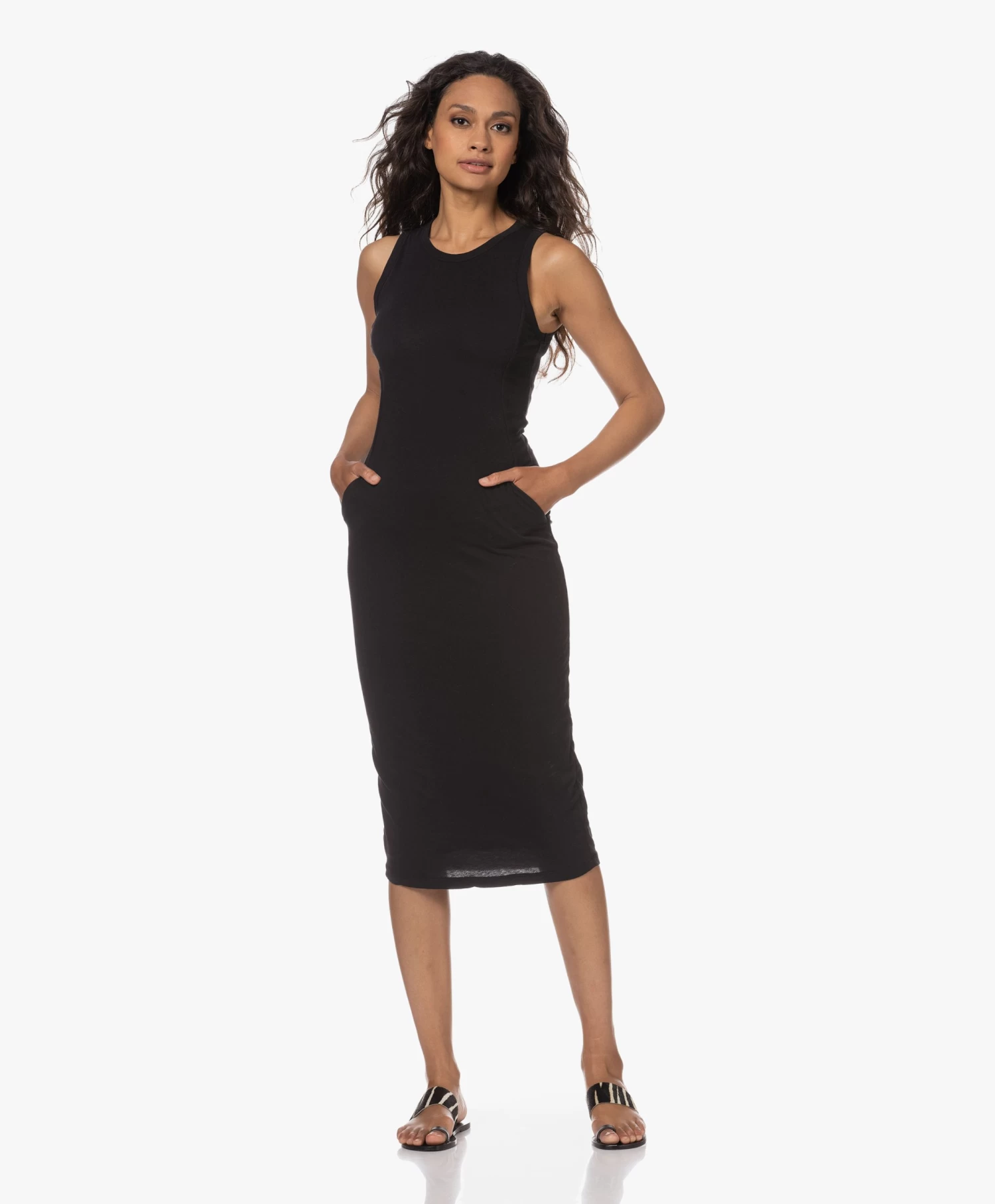 James Perse Dubbellaagse Mouwloze Midi Jurk - Zwart 13 James Perse Dubbellaagse Mouwloze Midi Jurk - Zwart - Afbeelding 12